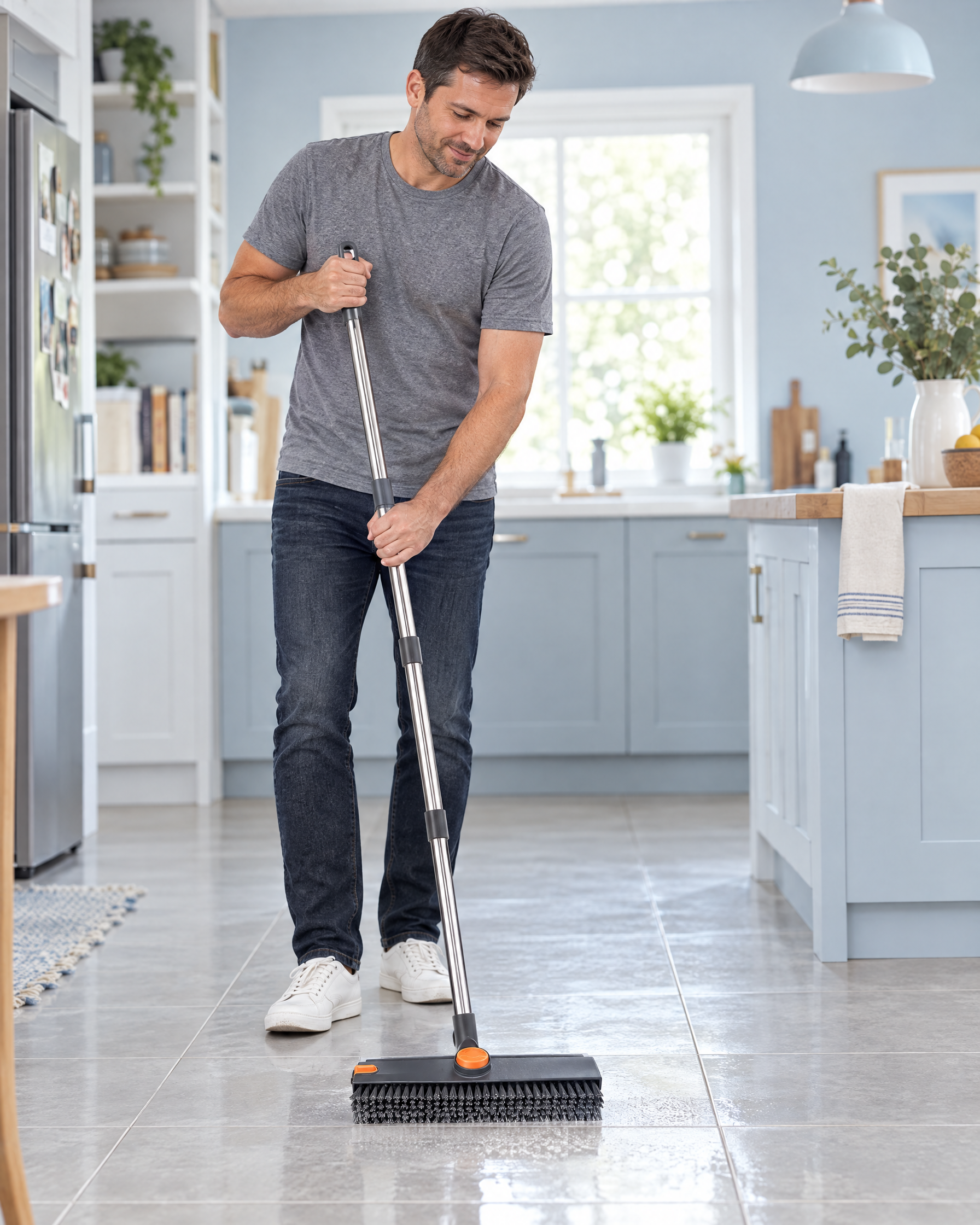Man scrubbing a tile floor while standing with the Scrubly rotating scrub brush