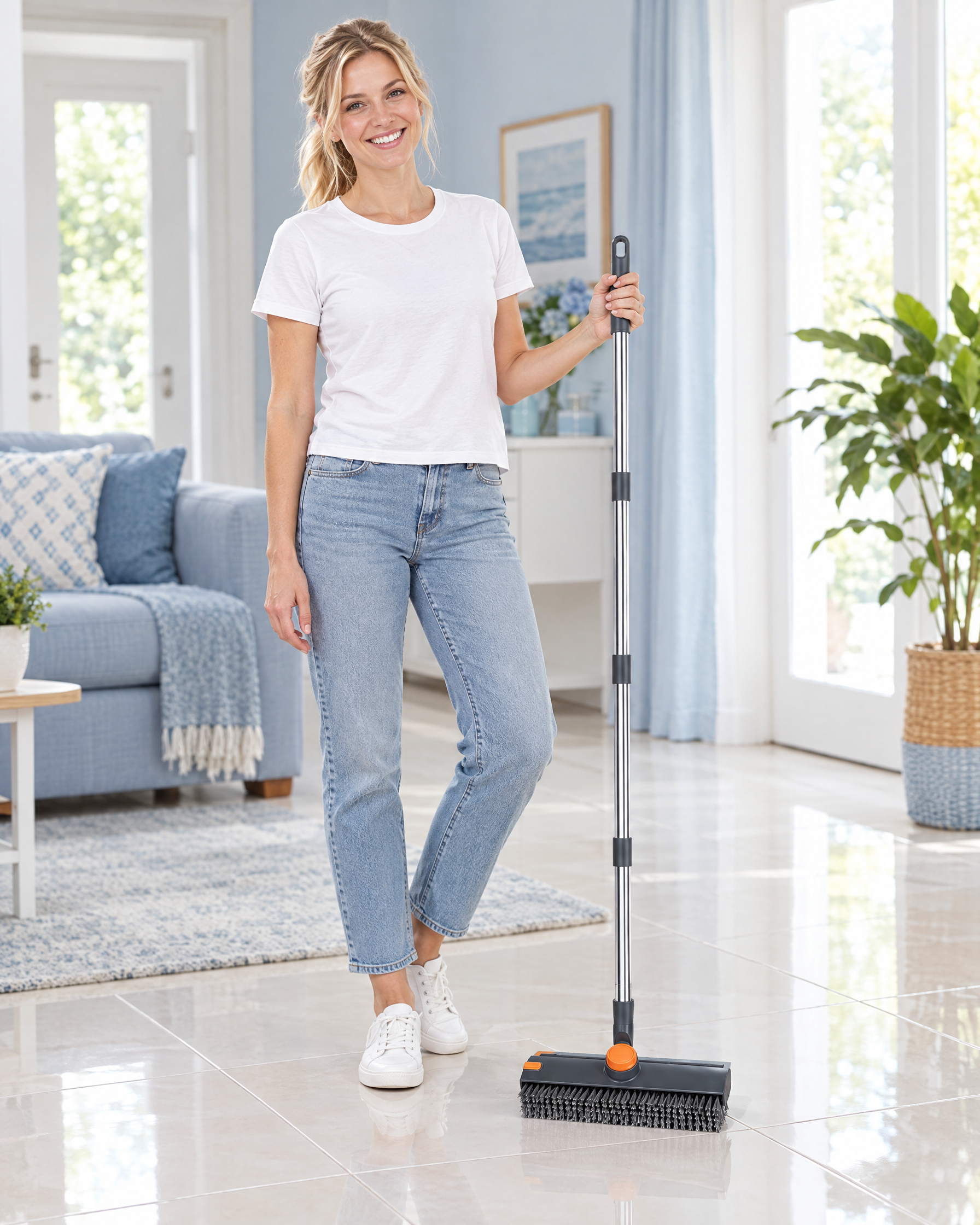 Smiling woman holding the Scrubly scrub brush next to a freshly cleaned tile floor