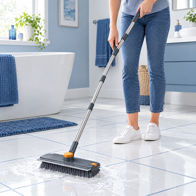 Scrubbing bathroom tiles standing upright